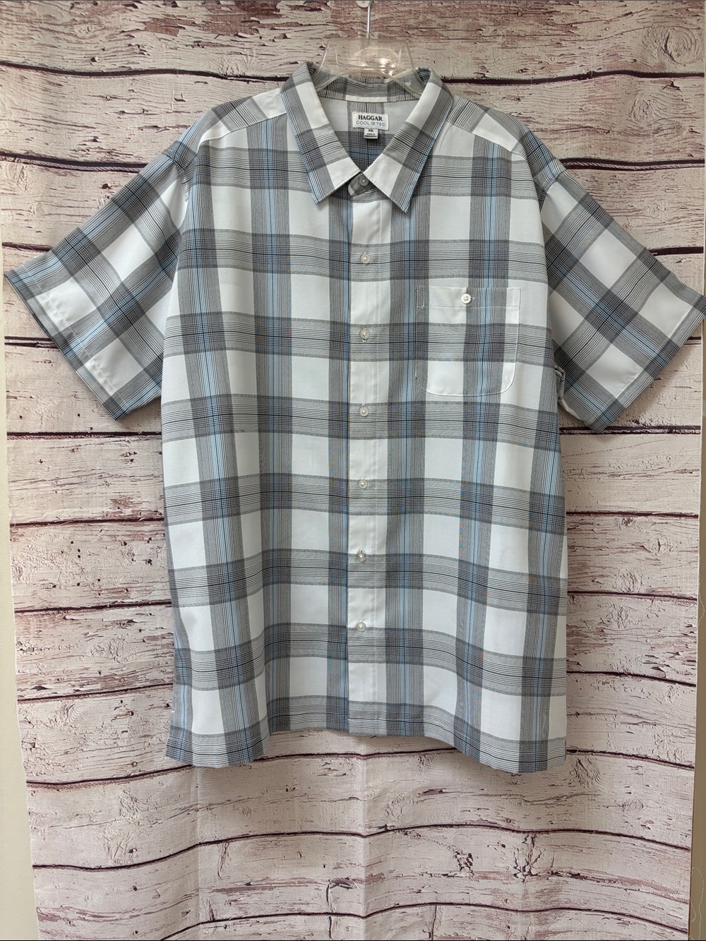 Haggar Men’s Short Sleeve Plaid Button-Down Shirt - White, black & blue